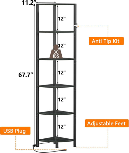 6 Tier Corner Shelf with LED Light, 67.5” Tall Standing Shelf Organizer, Black Narrow Bookshelf with Storage Rack for Wall Corner, Living Room, Bedroom, Metal Frame, Wood Display Shelf