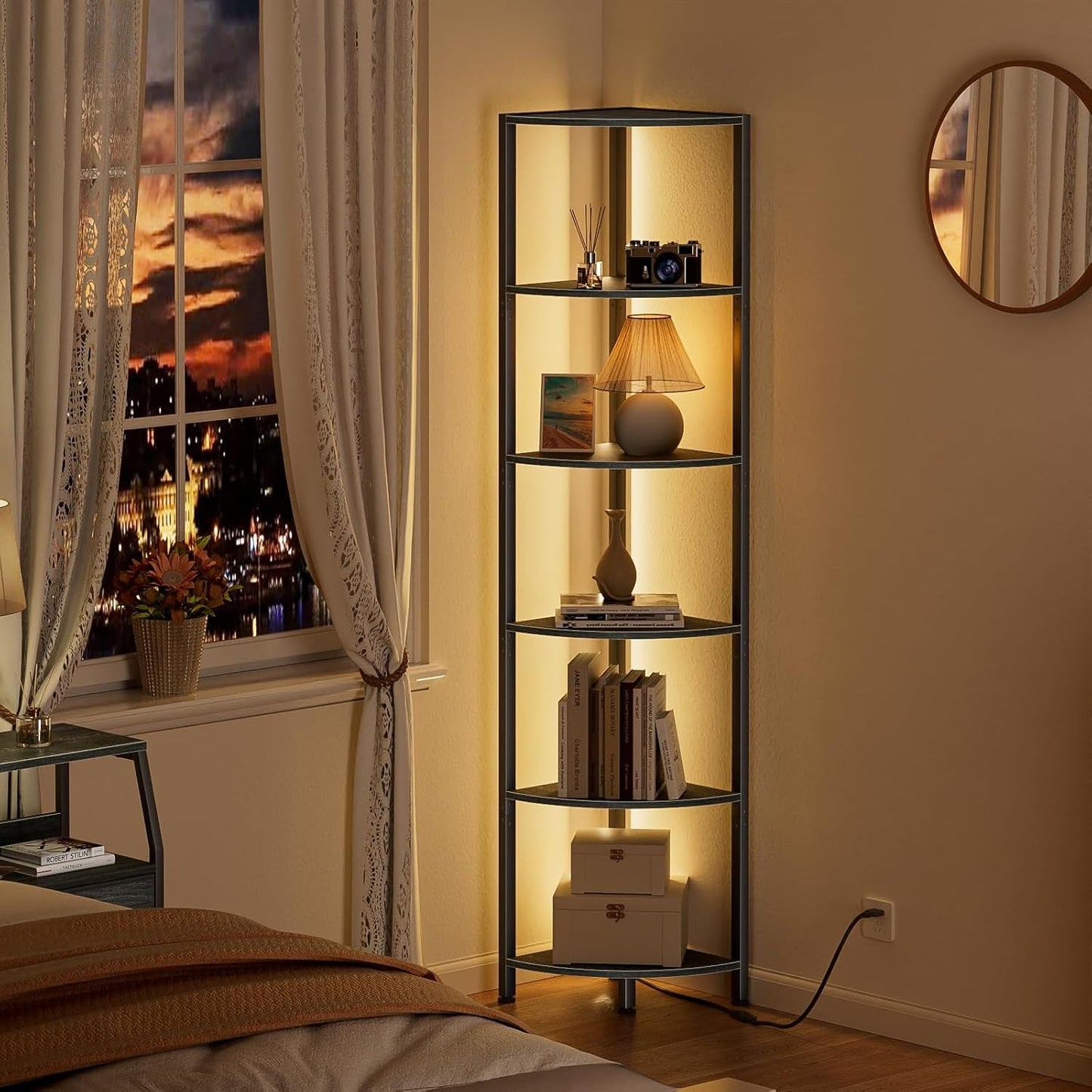 6 Tier Corner Shelf with LED Light, 67.5” Tall Standing Shelf Organizer, Black Narrow Bookshelf with Storage Rack for Wall Corner, Living Room, Bedroom, Metal Frame, Wood Display Shelf