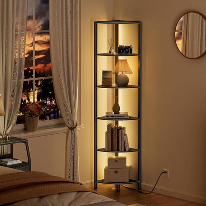 6 Tier Corner Shelf with LED Light, 67.5” Tall Standing Shelf Organizer, Black Narrow Bookshelf with Storage Rack for Wall Corner, Living Room, Bedroom, Metal Frame, Wood Display Shelf
