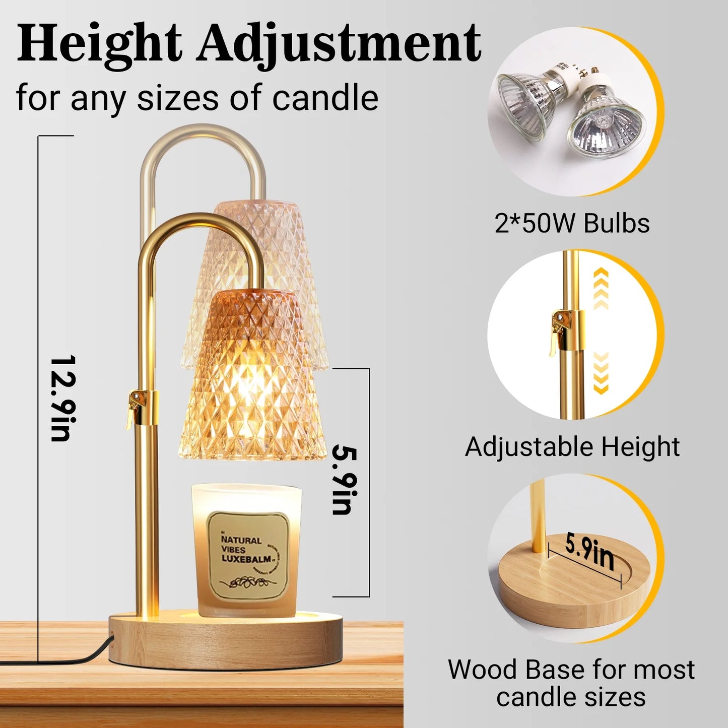 Candle Warmer Lamp with Timer, Dimmable Adjustable Height Wax Warmer Lamp，Home Decor Wax Melter Light (2*50W GU10 Bulbs)