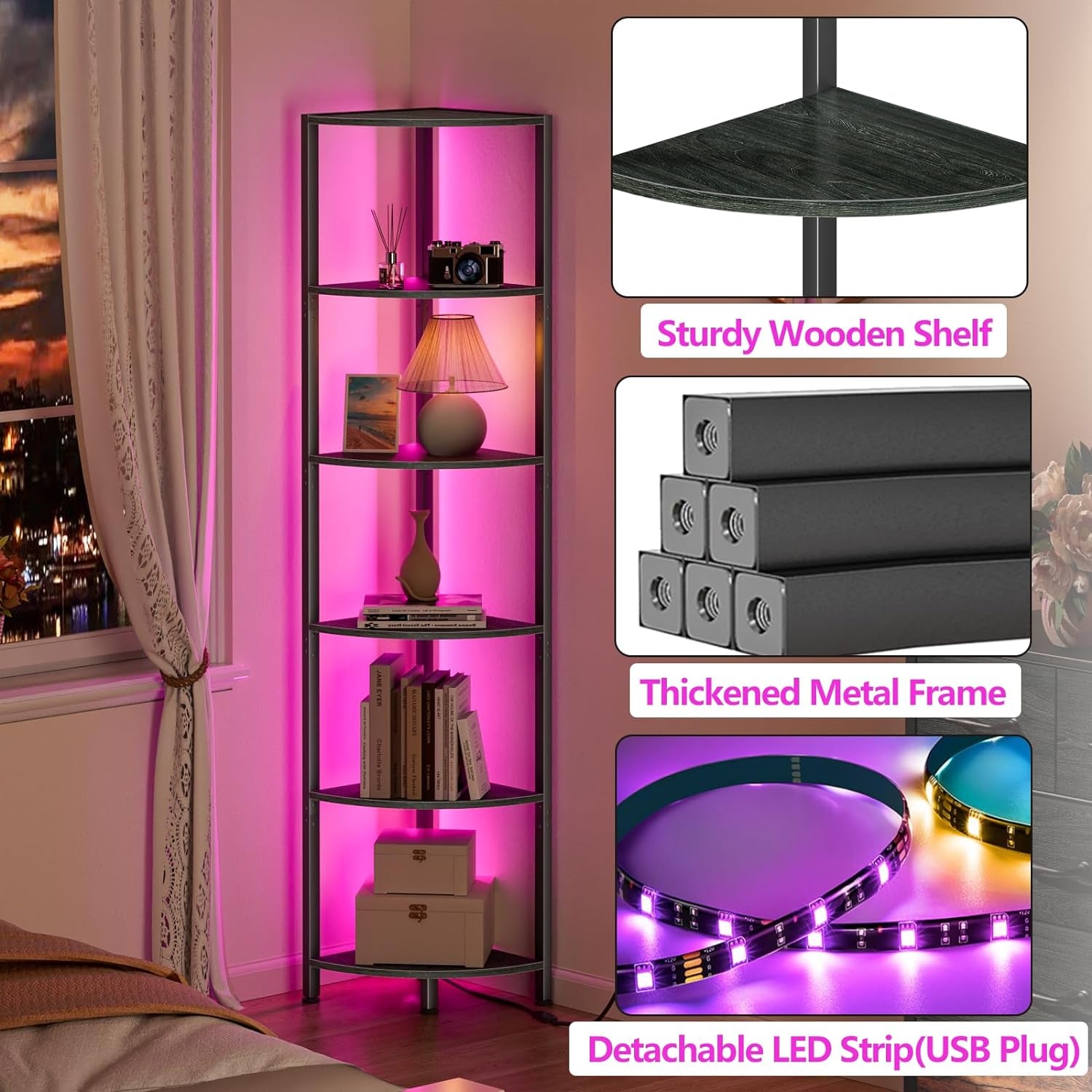 6 Tier Corner Shelf with LED Light, 67.5” Tall Standing Shelf Organizer, Black Narrow Bookshelf with Storage Rack for Wall Corner, Living Room, Bedroom, Metal Frame, Wood Display Shelf