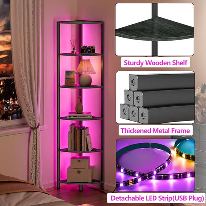 6 Tier Corner Shelf with LED Light, 67.5” Tall Standing Shelf Organizer, Black Narrow Bookshelf with Storage Rack for Wall Corner, Living Room, Bedroom, Metal Frame, Wood Display Shelf