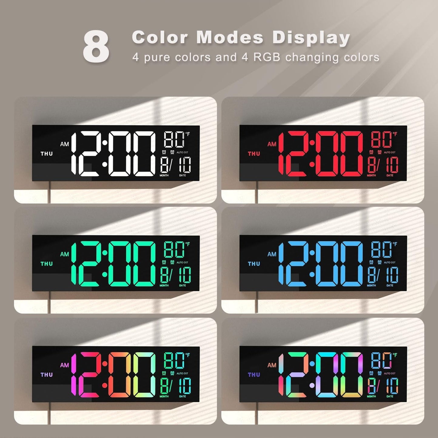 16" Large Digital Wall Mount Clock, Count down Timer, Alarm, Big LED, 8 RGB Color, DST, Temperature for Living Room Classroom Desk, Xmas, Birthday Gift for Senior Mom Dad (Black, 16 Inches)