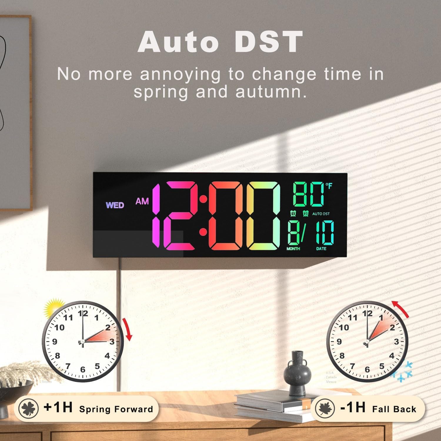16" Large Digital Wall Mount Clock, Count down Timer, Alarm, Big LED, 8 RGB Color, DST, Temperature for Living Room Classroom Desk, Xmas, Birthday Gift for Senior Mom Dad (Black, 16 Inches)