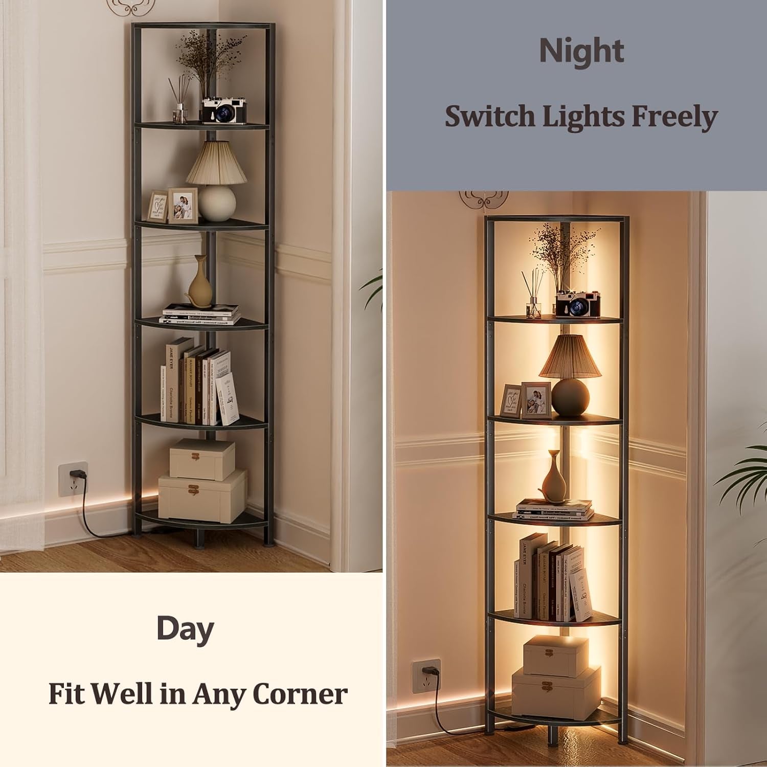 6 Tier Corner Shelf with LED Light, 67.5” Tall Standing Shelf Organizer, Black Narrow Bookshelf with Storage Rack for Wall Corner, Living Room, Bedroom, Metal Frame, Wood Display Shelf