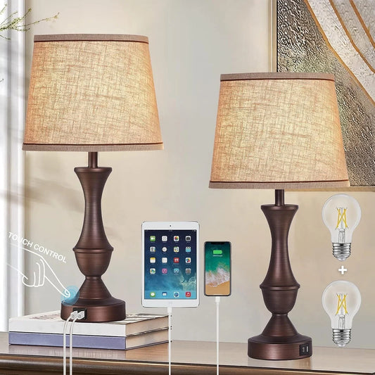Table Lamps for Bedrooms Set of 2, Touch Bedside Lamps with USB Charging Ports, 3-Way Dimmable Nightstand Lamp, Bulbs Included