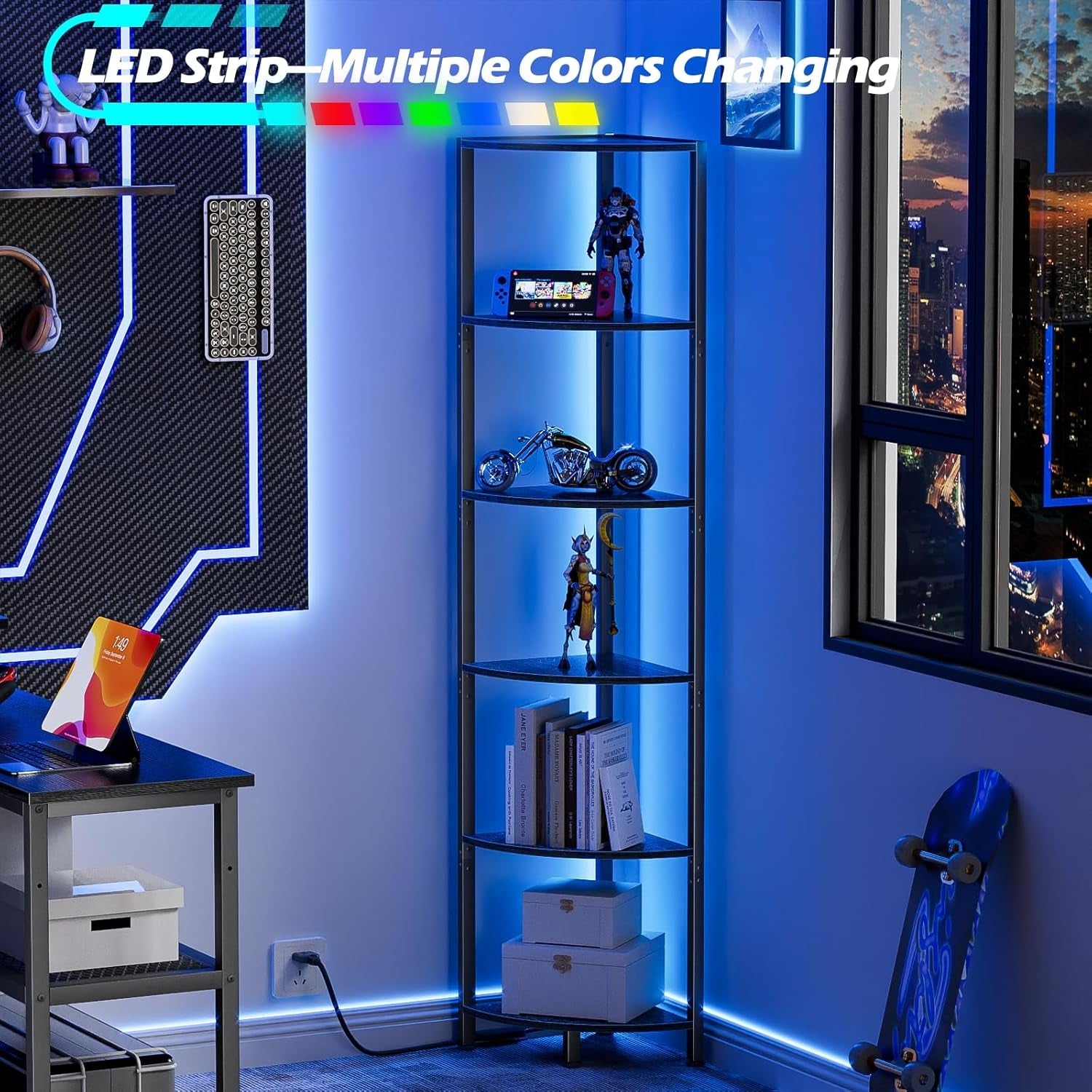 6 Tier Corner Shelf with LED Light, 67.5” Tall Standing Shelf Organizer, Black Narrow Bookshelf with Storage Rack for Wall Corner, Living Room, Bedroom, Metal Frame, Wood Display Shelf
