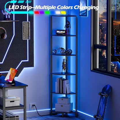 6 Tier Corner Shelf with LED Light, 67.5” Tall Standing Shelf Organizer, Black Narrow Bookshelf with Storage Rack for Wall Corner, Living Room, Bedroom, Metal Frame, Wood Display Shelf