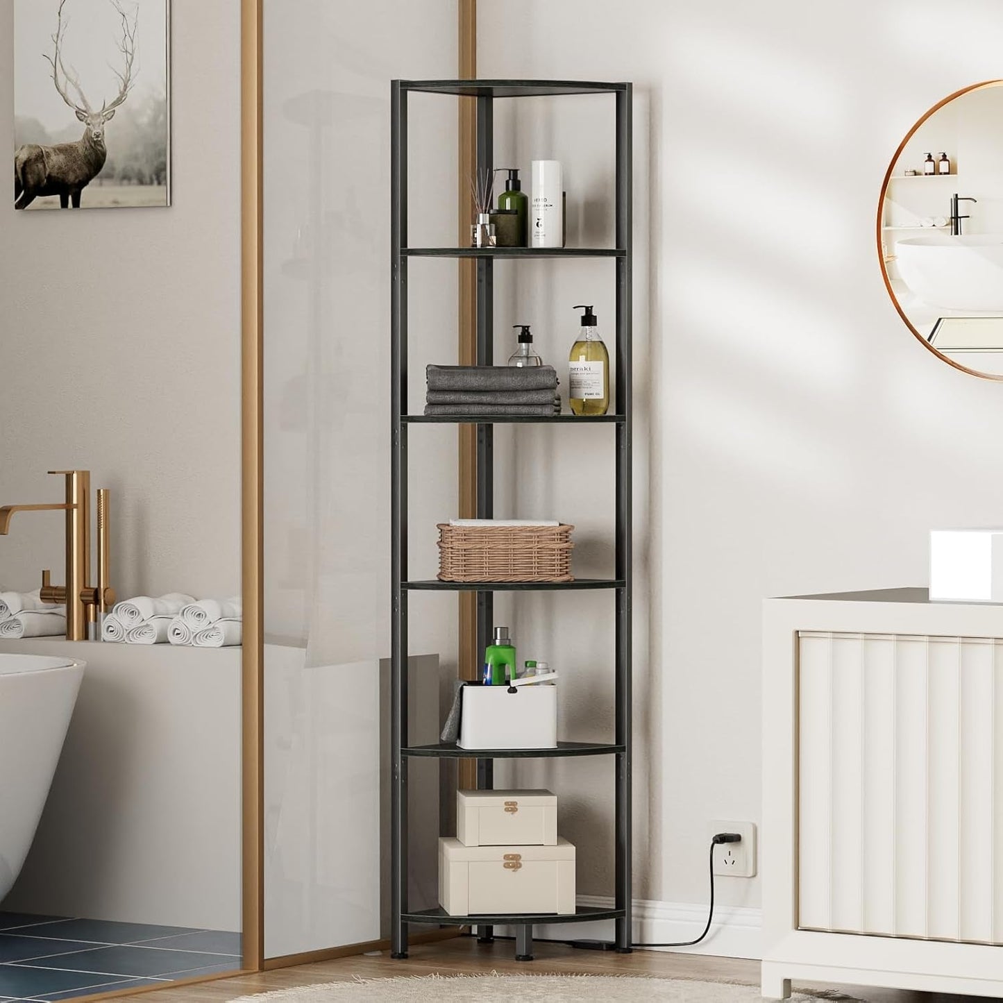 6 Tier Corner Shelf with LED Light, 67.5” Tall Standing Shelf Organizer, Black Narrow Bookshelf with Storage Rack for Wall Corner, Living Room, Bedroom, Metal Frame, Wood Display Shelf