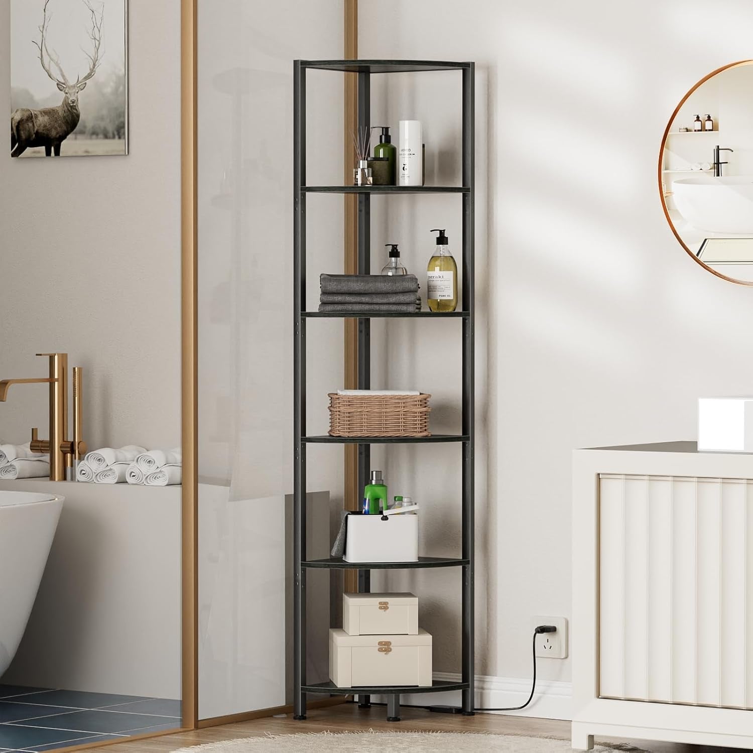 6 Tier Corner Shelf with LED Light, 67.5” Tall Standing Shelf Organizer, Black Narrow Bookshelf with Storage Rack for Wall Corner, Living Room, Bedroom, Metal Frame, Wood Display Shelf