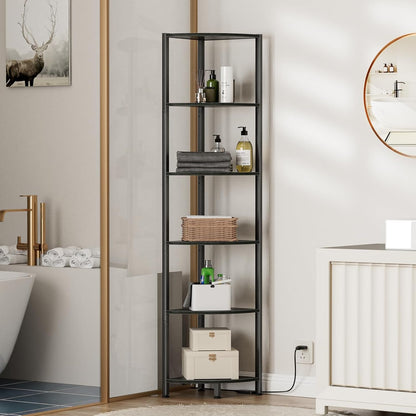 6 Tier Corner Shelf with LED Light, 67.5” Tall Standing Shelf Organizer, Black Narrow Bookshelf with Storage Rack for Wall Corner, Living Room, Bedroom, Metal Frame, Wood Display Shelf