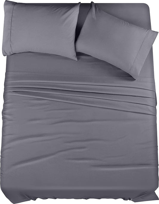 Queen Sheet Set – 4 Piece Bed Sheets for Queen Size Bed, Soft and Breathable Microfiber, Includes 1 Fitted Sheet, 1 Flat Sheet and 2 Pillowcases (Grey)