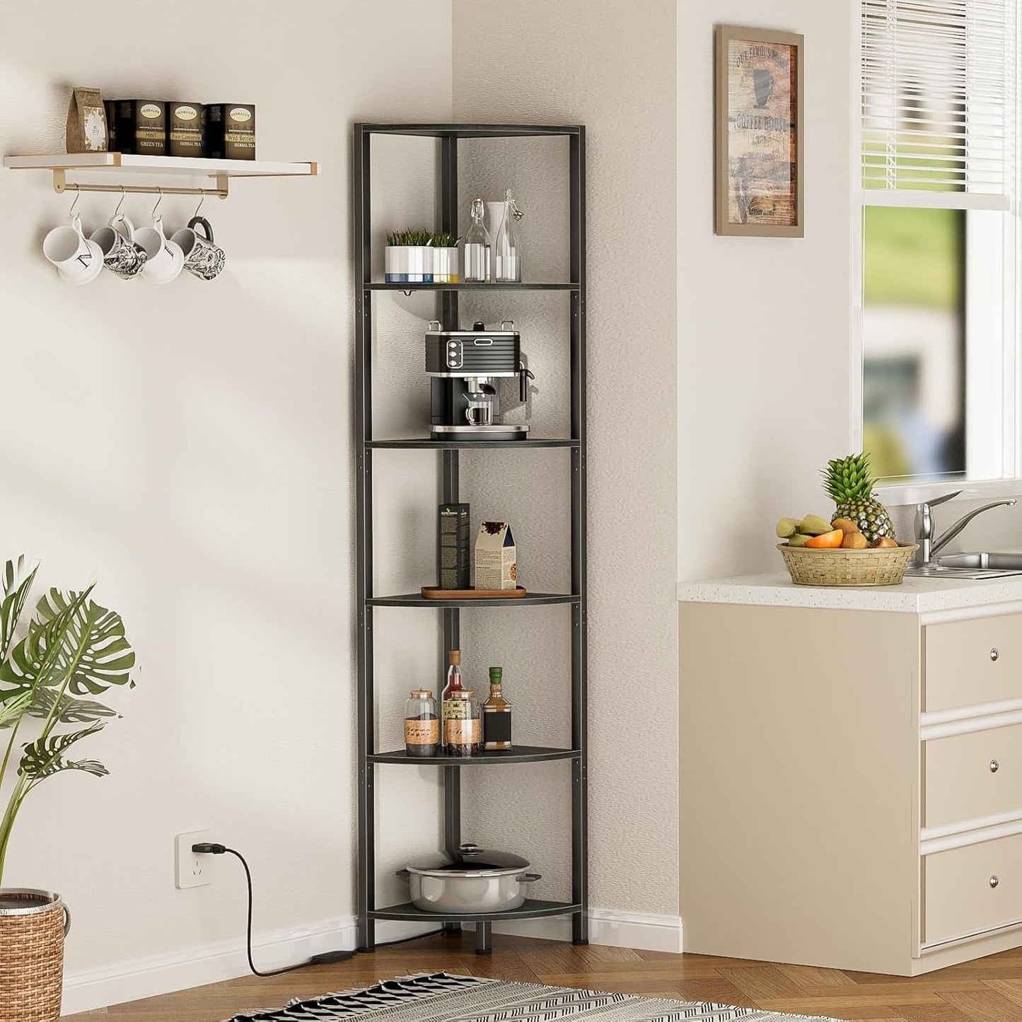 6 Tier Corner Shelf with LED Light, 67.5” Tall Standing Shelf Organizer, Black Narrow Bookshelf with Storage Rack for Wall Corner, Living Room, Bedroom, Metal Frame, Wood Display Shelf