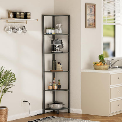 6 Tier Corner Shelf with LED Light, 67.5” Tall Standing Shelf Organizer, Black Narrow Bookshelf with Storage Rack for Wall Corner, Living Room, Bedroom, Metal Frame, Wood Display Shelf